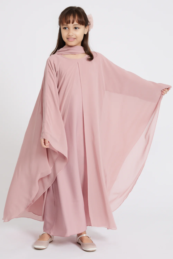 7c7fbdf3-6b93-4df8-9555-eb1404727f97 Junior Girls Closed Abaya Dress | Butterfly Cut Abaya in Blushing Rose | Eid Dress for Girls | Modest Party & Celebration Dress