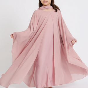 Junior Girls Closed Abaya Dress | Butterfly Cut Abaya in Blushing Rose | Eid Dress for Girls | Modest Party & Celebration Dress