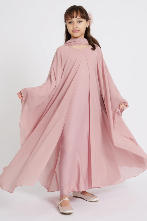 habonebutikkids Junior Girls Closed Abaya Dress | Butterfly Cut Abaya in Blushing Rose | Eid Dress for Girls | Modest Party & Celebration Dress
