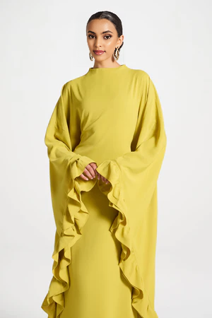 Ruffle Butterfly Abaya Dress | Tiered Maxi, Flutter Sleeve, Modest, Wedding Guest