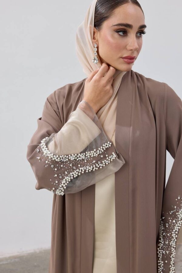 Pearl Elegance Abaya – Taupe Flow with Sheer Cuff Detailing - Image 5