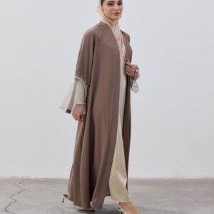 Pearl Elegance Abaya – Taupe Flow with Sheer Cuff Detailing