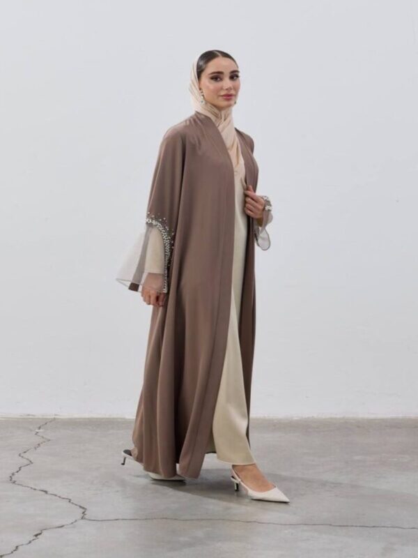 habonebutik Pearl Elegance Abaya – Taupe Flow with Sheer Cuff Detailing