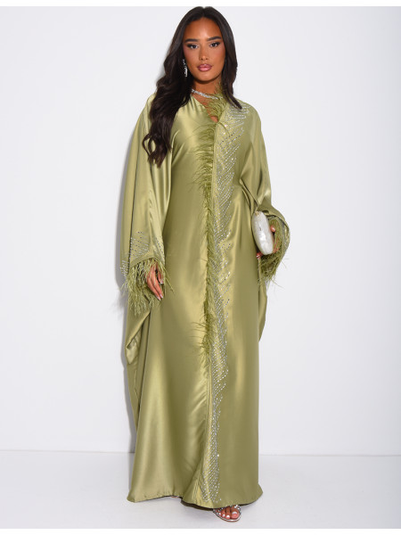 Butterfly Abaya with Crystals | Feather Trim Kaftan | Embellished Evening Abaya | Luxury Eid Dress | Statement Bridal Abaya