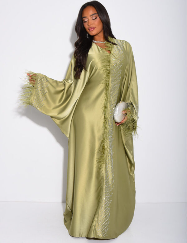 Butterfly Abaya with Crystals | Feather Trim Kaftan | Embellished Evening Abaya | Luxury Eid Dress | Statement Bridal Abaya