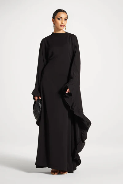 Ruffle Butterfly Abaya Dress | Tiered Maxi, Flutter Sleeve, Modest, Wedding Guest