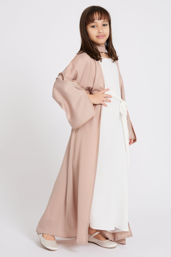Junior Girls Four Piece Open Abaya Set | Nude Mink Abaya with Dainty Embroidery | Eid Outfit for Girls | Flower Girl & Special Occasion Dress
