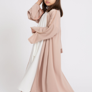 Junior Girls Four Piece Open Abaya Set | Nude Mink Abaya with Dainty Embroidery | Eid Outfit for Girls | Flower Girl & Special Occasion Dress