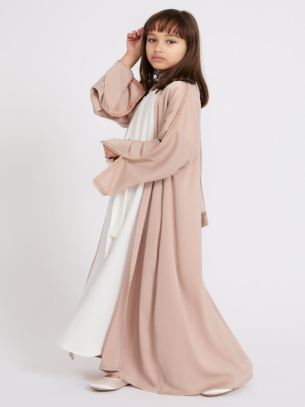 Junior Girls Four Piece Open Abaya Set | Nude Mink Abaya with Dainty Embroidery | Eid Outfit for Girls | Flower Girl & Special Occasion Dress