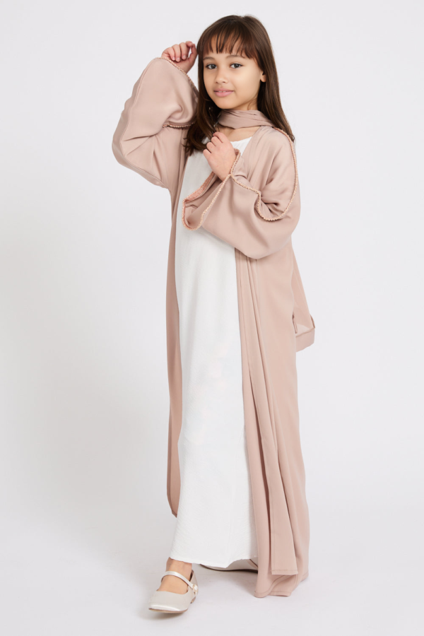 Junior Girls Four Piece Open Abaya Set | Nude Mink Abaya with Dainty Embroidery | Eid Outfit for Girls | Flower Girl & Special Occasion Dress