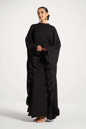 Ruffle Butterfly Abaya Dress | Tiered Maxi, Flutter Sleeve, Modest, Wedding Guest