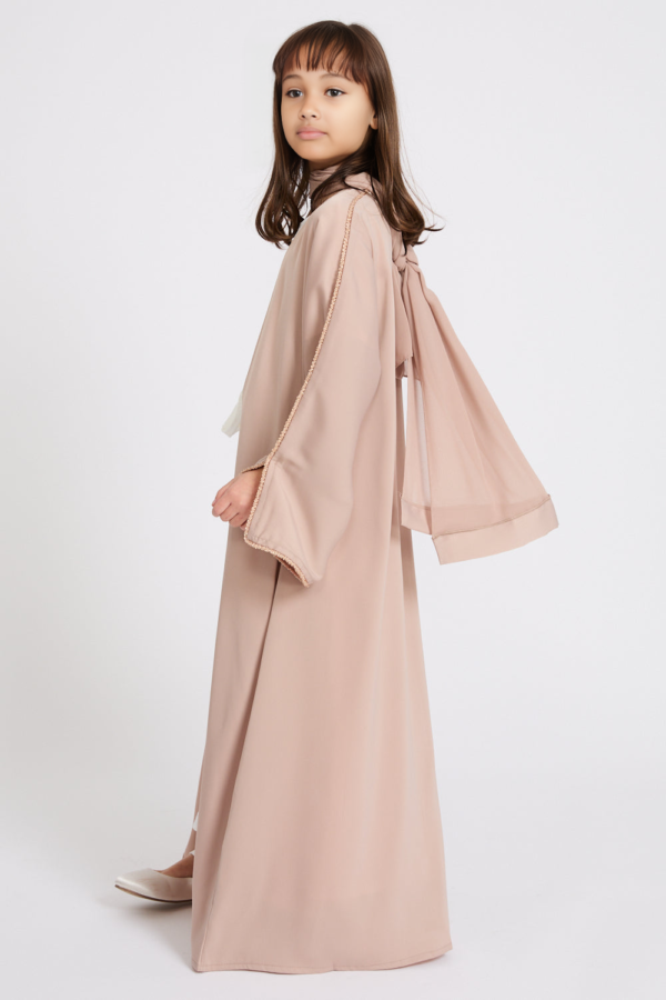Junior Girls Four Piece Open Abaya Set | Nude Mink Abaya with Dainty Embroidery | Eid Outfit for Girls | Flower Girl & Special Occasion Dress