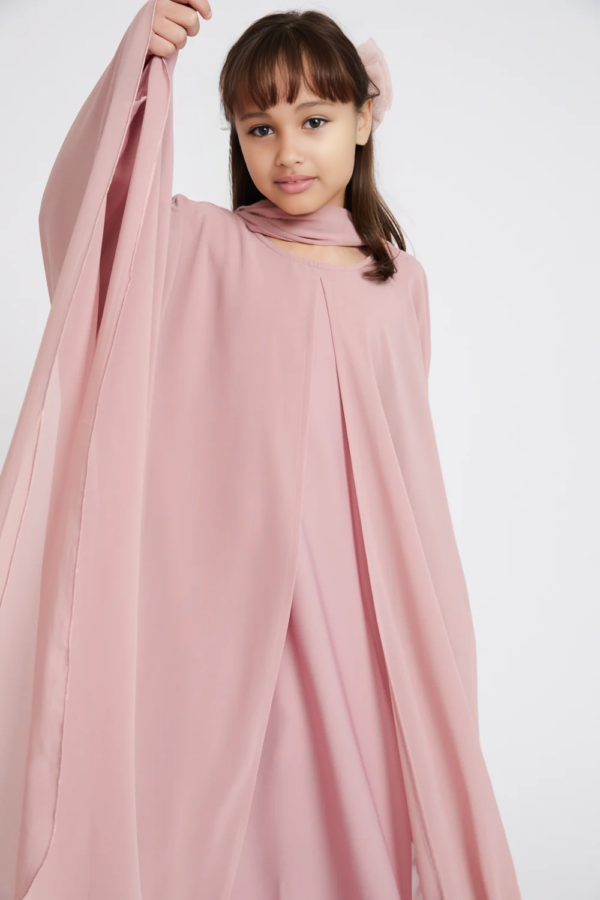 f25a87a9-b8df-4d99-b405-f5de579b807c Junior Girls Closed Abaya Dress | Butterfly Cut Abaya in Blushing Rose | Eid Dress for Girls | Modest Party & Celebration Dress