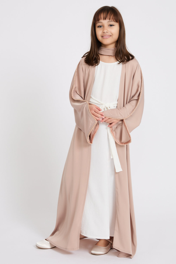 Junior Girls Four Piece Open Abaya Set | Nude Mink Abaya with Dainty Embroidery | Eid Outfit for Girls | Flower Girl & Special Occasion Dress
