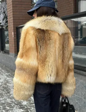 img-3355 olden Sunrise Fox Fur Crop Coat | Large Shawl Collar Fox Jacket | Luxurious Faux/Real Fur Coat | Statement Winter Outerwear | Wedding Guest Coat