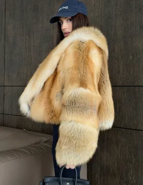 img-3656 olden Sunrise Fox Fur Crop Coat | Large Shawl Collar Fox Jacket | Luxurious Faux/Real Fur Coat | Statement Winter Outerwear | Wedding Guest Coat