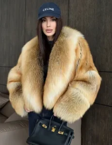 olden Sunrise Fox Fur Crop Coat | Large Shawl Collar Fox Jacket | Luxurious Faux/Real Fur Coat | Statement Winter Outerwear | Wedding Guest Coat
