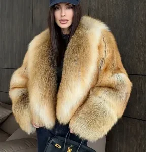 habonebutik olden Sunrise Fox Fur Crop Coat | Large Shawl Collar Fox Jacket | Luxurious Faux/Real Fur Coat | Statement Winter Outerwear | Wedding Guest Coat