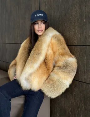 img-3663 olden Sunrise Fox Fur Crop Coat | Large Shawl Collar Fox Jacket | Luxurious Faux/Real Fur Coat | Statement Winter Outerwear | Wedding Guest Coat