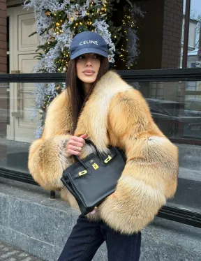 img-3675 olden Sunrise Fox Fur Crop Coat | Large Shawl Collar Fox Jacket | Luxurious Faux/Real Fur Coat | Statement Winter Outerwear | Wedding Guest Coat