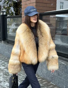 img-3676 olden Sunrise Fox Fur Crop Coat | Large Shawl Collar Fox Jacket | Luxurious Faux/Real Fur Coat | Statement Winter Outerwear | Wedding Guest Coat