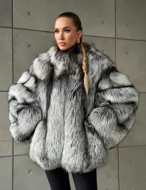 Silver Fox Fur Jacket | Genuine Silver Fox Fur Coat | Luxury Short Fur Jacket | Winter Statement Fur Outerwear
