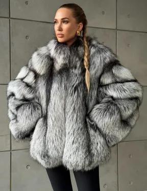 Silver Fox Fur Jacket | Genuine Silver Fox Fur Coat | Luxury Short Fur Jacket | Winter Statement Fur Outerwear