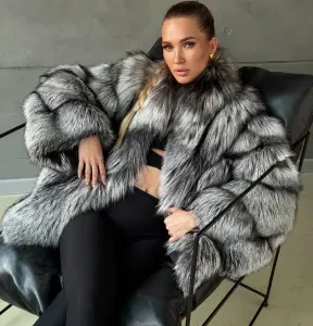 habonebutik Silver Fox Fur Jacket | Genuine Silver Fox Fur Coat | Luxury Short Fur Jacket | Winter Statement Fur Outerwear