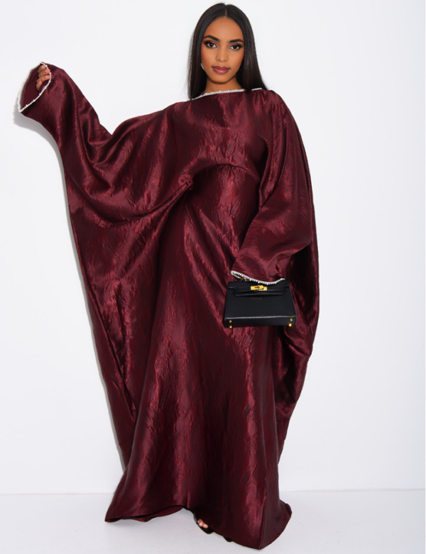 habonebutik Pearl Embellished Butterfly Abaya | Premium Embossed Satin Kaftan | Luxurious Open Front Cover Up | Elegant Eid & Wedding Guest Dress