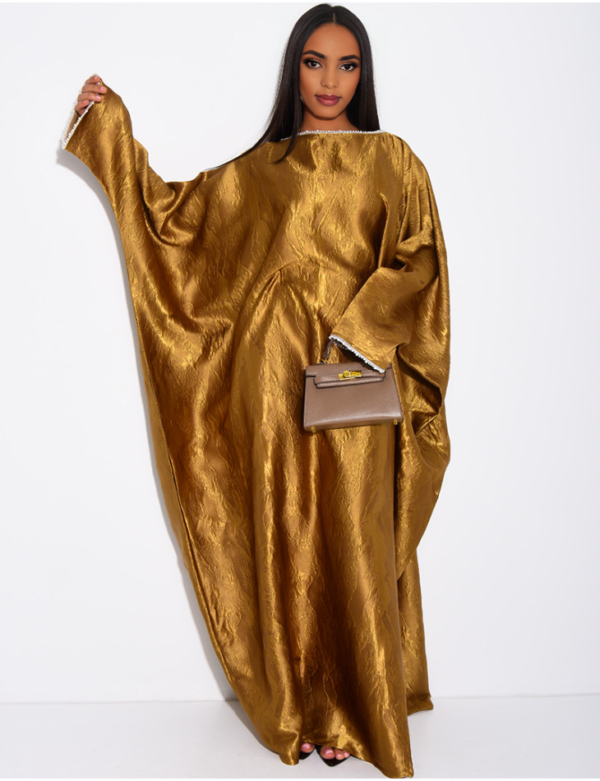 habonebutik Pearl Embellished Butterfly Abaya | Premium Embossed Satin Kaftan | Luxurious Open Front Cover Up | Elegant Eid & Wedding Guest Dress