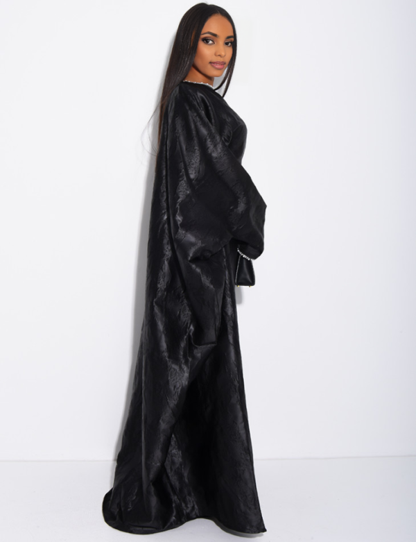 6cba01b7-40f8-4926-a665-c4d5524a1ee1 Pearl Embellished Butterfly Abaya | Premium Embossed Satin Kaftan | Luxurious Open Front Cover Up | Elegant Eid & Wedding Guest Dress