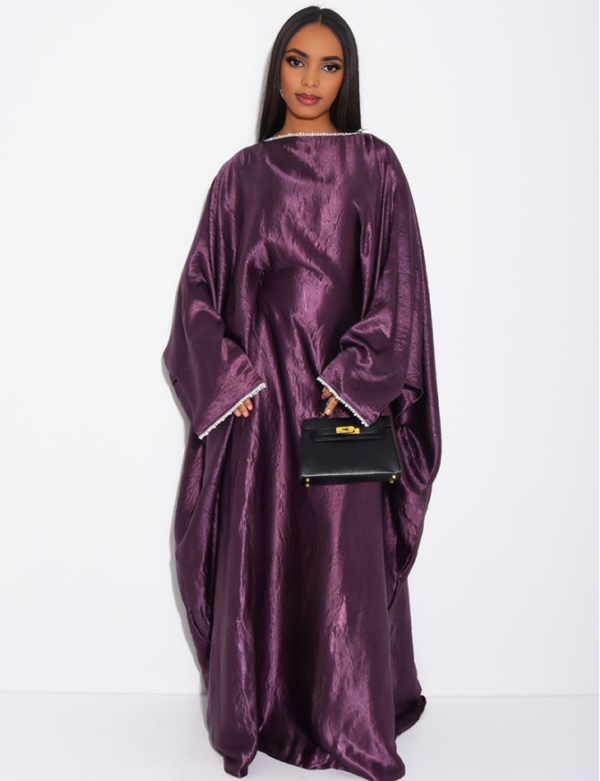 habonebutik Pearl Embellished Butterfly Abaya | Premium Embossed Satin Kaftan | Luxurious Open Front Cover Up | Elegant Eid & Wedding Guest Dress