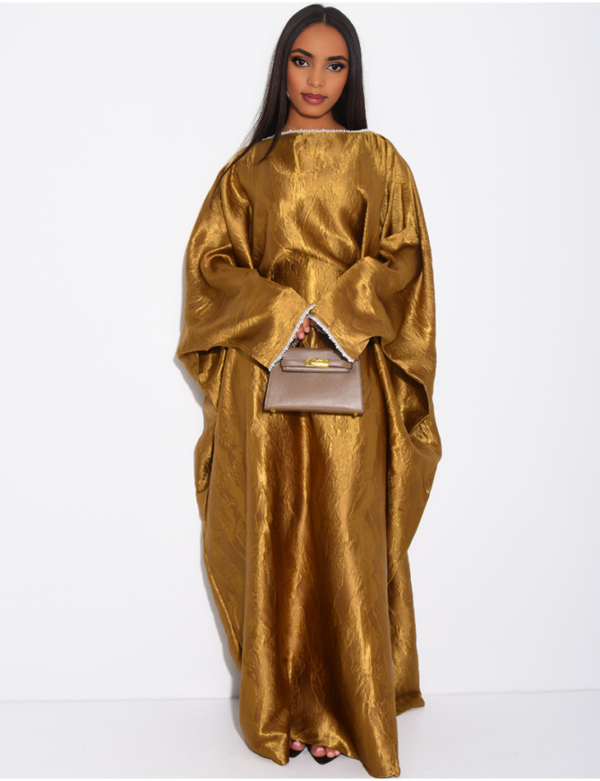 habonebutik Pearl Embellished Butterfly Abaya | Premium Embossed Satin Kaftan | Luxurious Open Front Cover Up | Elegant Eid & Wedding Guest Dress