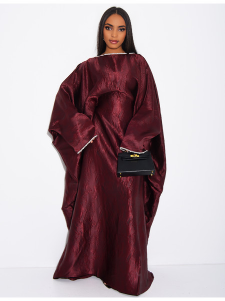 habonebutik Pearl Embellished Butterfly Abaya | Premium Embossed Satin Kaftan | Luxurious Open Front Cover Up | Elegant Eid & Wedding Guest Dress