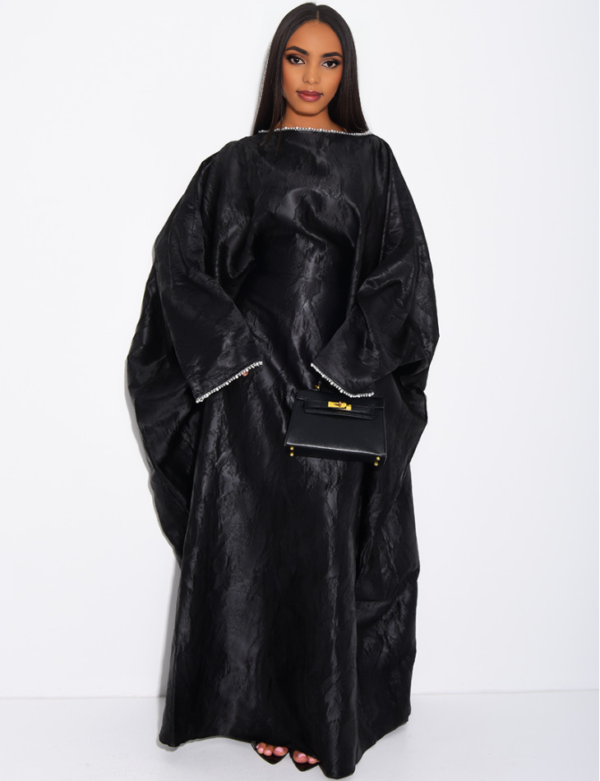 habonebutik Pearl Embellished Butterfly Abaya | Premium Embossed Satin Kaftan | Luxurious Open Front Cover Up | Elegant Eid & Wedding Guest Dress