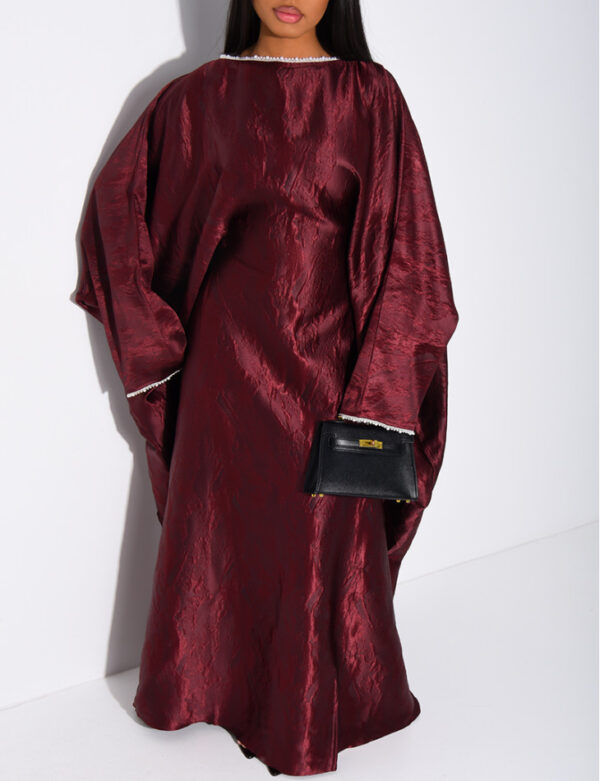 habonebutik Pearl Embellished Butterfly Abaya | Premium Embossed Satin Kaftan | Luxurious Open Front Cover Up | Elegant Eid & Wedding Guest Dress