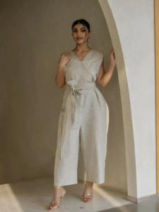 Beige Linen Jumpsuit | Wide Leg Summer Romper | Elegant Button-Down Playsuit | Linen Jumpsuit Women