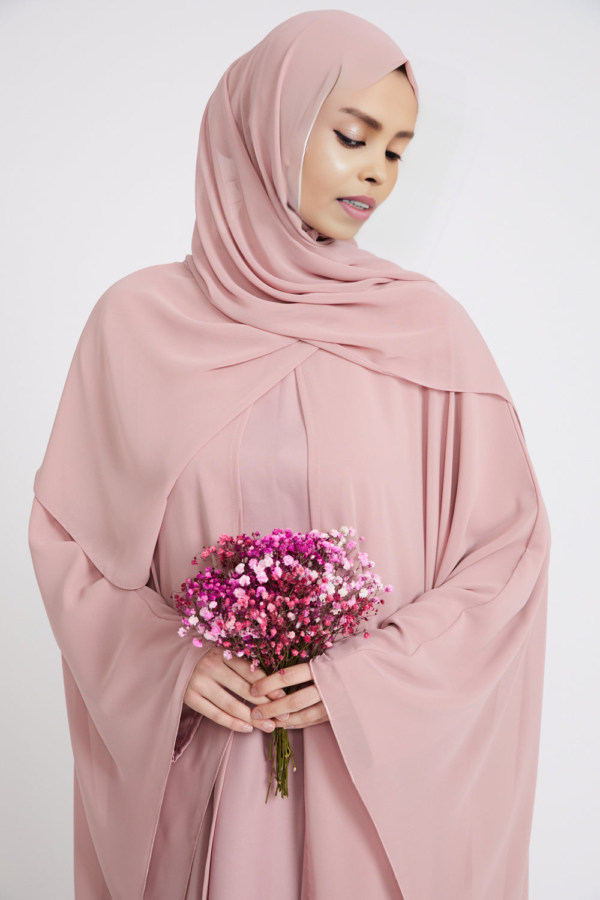 Blushing Rose Abaya Dress | Butterfly Cut with Chiffon Overlay | Elegant Closed Abaya | Modest Eid & Special Occasion Dress
