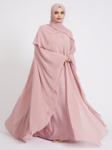 Blushing Rose Abaya Dress | Butterfly Cut with Chiffon Overlay | Elegant Closed Abaya | Modest Eid & Special Occasion Dress