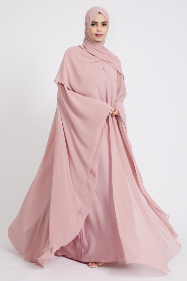 Blushing Rose Abaya Dress | Butterfly Cut with Chiffon Overlay | Elegant Closed Abaya | Modest Eid & Special Occasion Dress