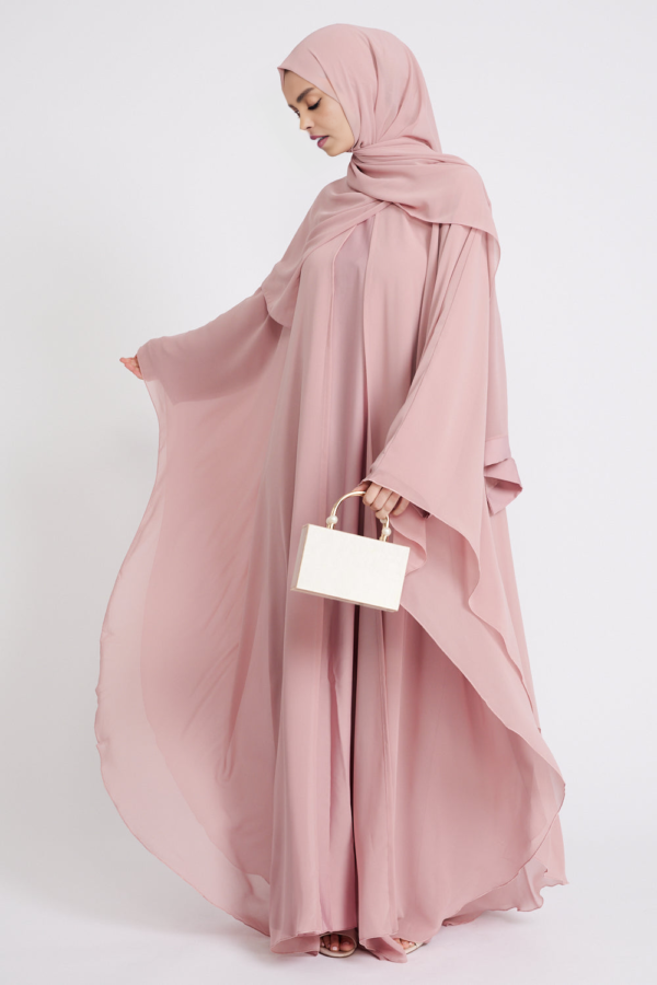 Blushing Rose Abaya Dress | Butterfly Cut with Chiffon Overlay | Elegant Closed Abaya | Modest Eid & Special Occasion Dress