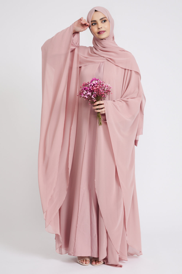 Blushing Rose Abaya Dress | Butterfly Cut with Chiffon Overlay | Elegant Closed Abaya | Modest Eid & Special Occasion Dress