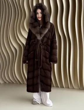 Mink Fur Coat with Marten Fur Hood, Sable Color Fur Coat, Luxury Real Fur Coat, Winter Fur Jacket, Elegant Long Fur Coat Women
