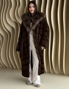 Mink Fur Coat with Marten Fur Hood, Sable Color Fur Coat, Luxury Real Fur Coat, Winter Fur Jacket, Elegant Long Fur Coat Women