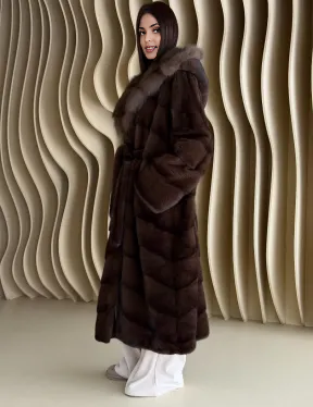 Mink Fur Coat with Marten Fur Hood, Sable Color Fur Coat, Luxury Real Fur Coat, Winter Fur Jacket, Elegant Long Fur Coat Women