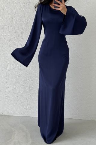 Basic Satin Modest Evening Dress, Back Tie Detail Dress, Minimalist Satin Gown, Elegant Modest Dress, Wedding Guest Dress