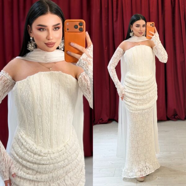 Ivory Lace Evening Dress, Lace Mermaid Gown, Ivory Corset Dress, Elegant Wedding Guest Dress, Lace Formal Dress with Cape