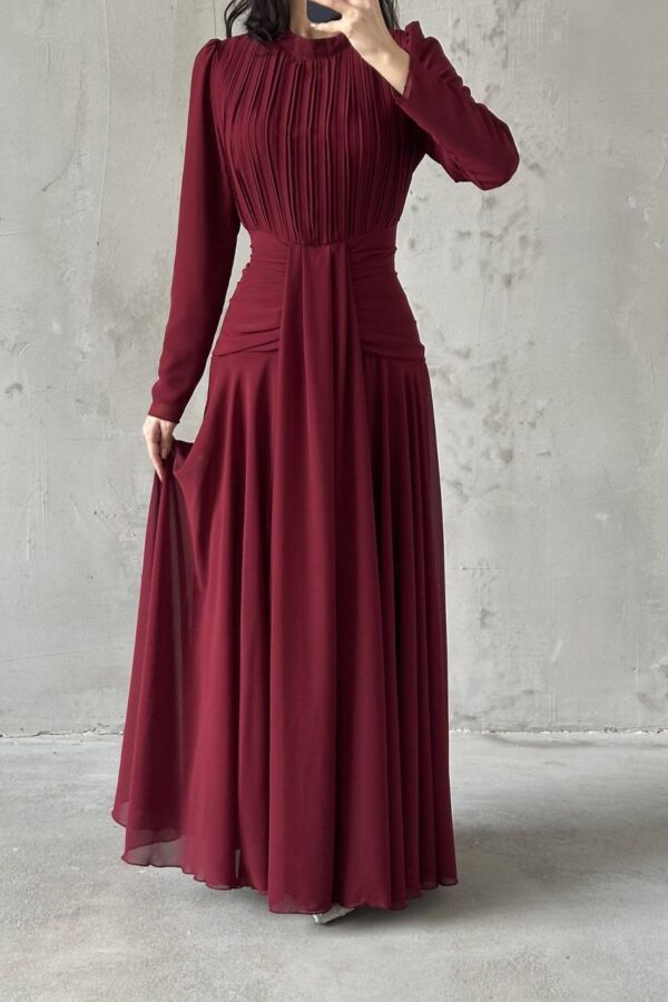 Azra Hijab Evening Dress Brown, Modest Pleated Evening Dress, Elegant High Neck Dress, Luxury Hijab Dress, Wedding Guest Dress