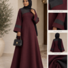 Burgundy and Charcoal Abaya Jacket Dress, Modest Long Sleeve Muslim Women’s Maxi Dress