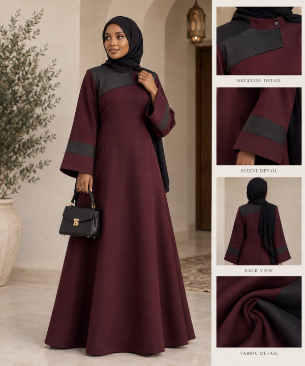 Burgundy and Charcoal Abaya Jacket Dress, Modest Long Sleeve Muslim Women’s Maxi Dress